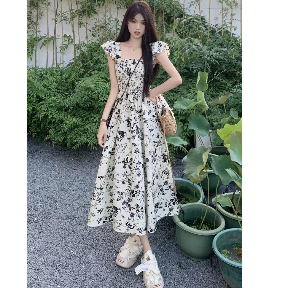 French Floral Midi Dress with Flying Sleeves