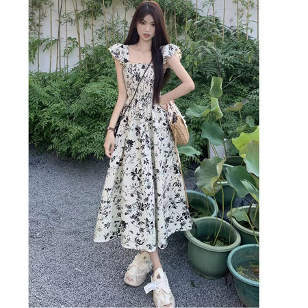 French Floral Midi Dress with Flying Sleeves