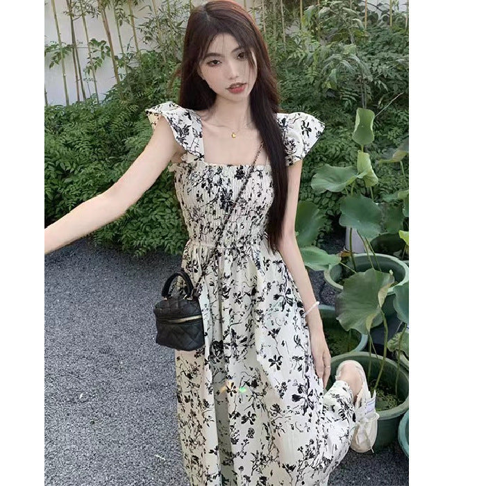 French Floral Midi Dress with Flying Sleeves