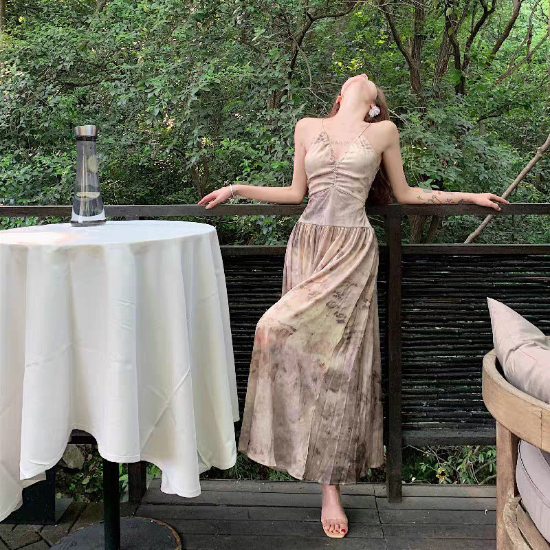 French Style Backless Sling Mid-Length Dress