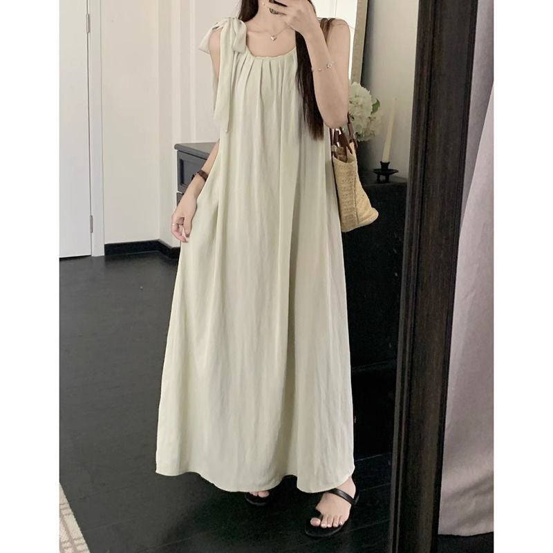 Apricot Halter Neck Long Skirt Sleeveless Backless Long Vacation Dress