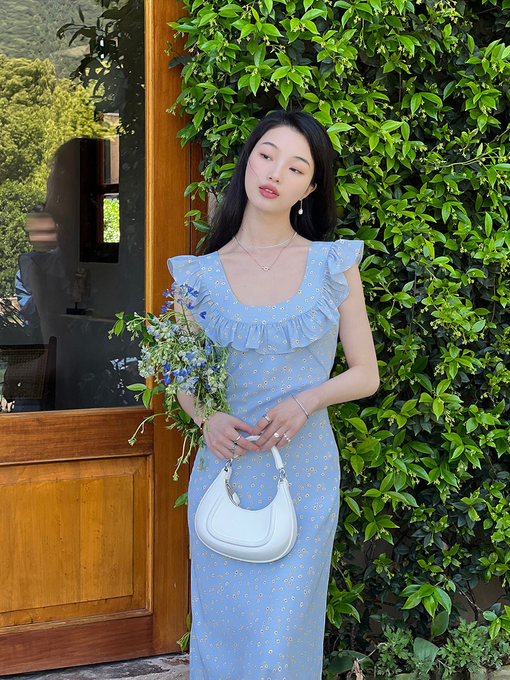 Blue Suspender Dress French Floral Ruffle Midi Lace Strap Dress