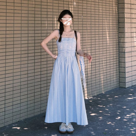 Dress + Headscarf French Style Blue Plaid Strapless Sling Dress