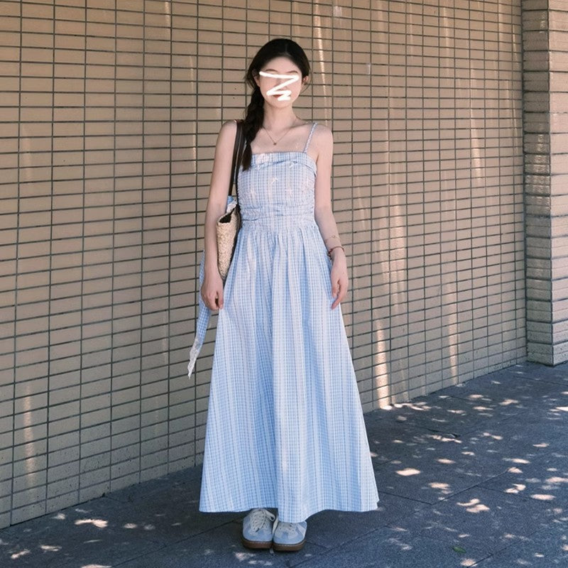 French Style Blue Plaid Strapless Sling Dress