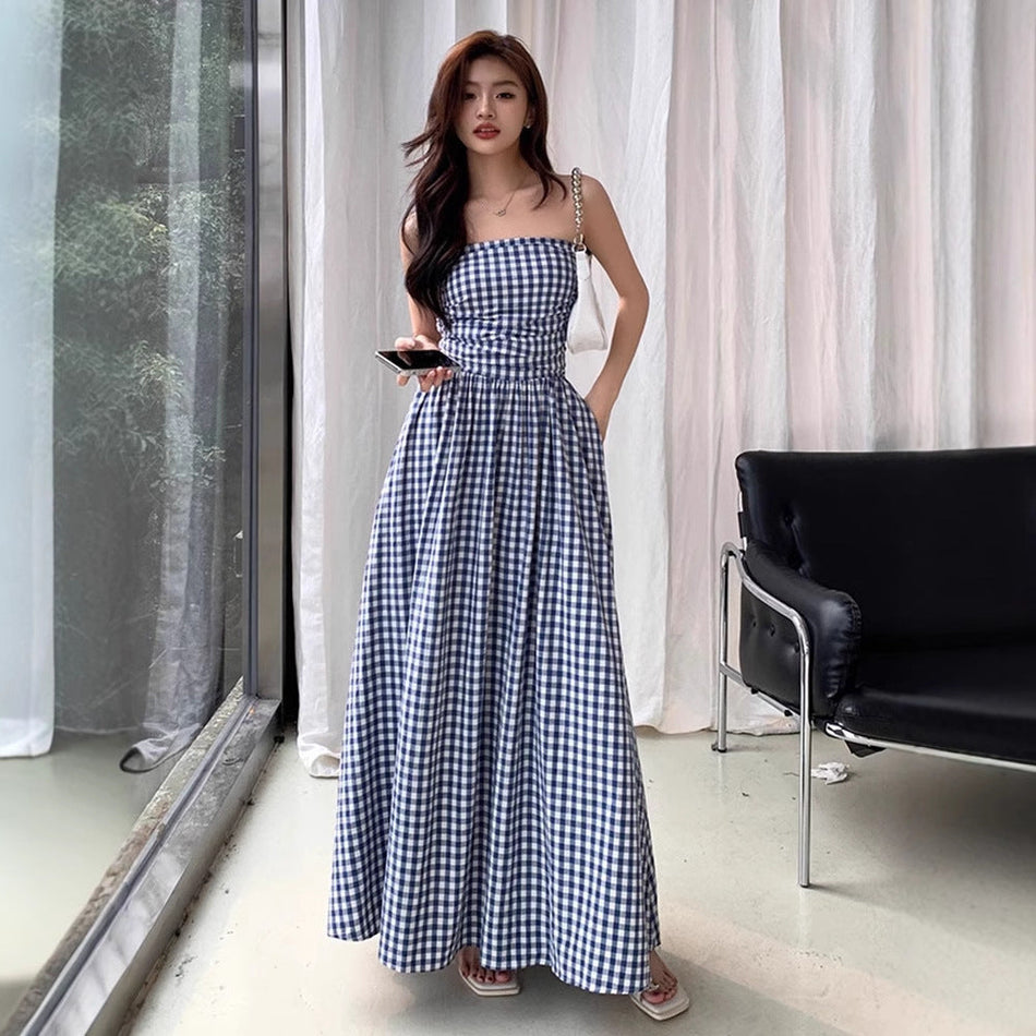 Blue Plaid Tube Top Skirt French Elegant Plaid Off-Shoulder Long Dress