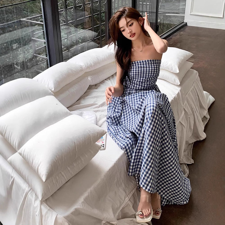 French Elegant Plaid Off-Shoulder Long Dress