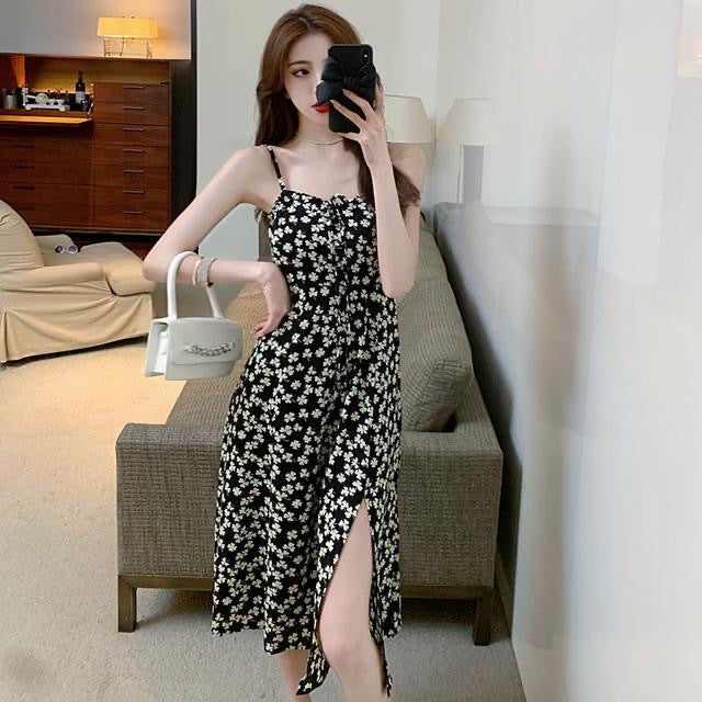 French Style Black Floral Elegant Vacation Dress