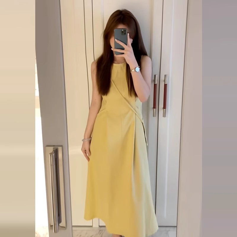 Gentle Yellow Round Neck A-Line Vest Dress