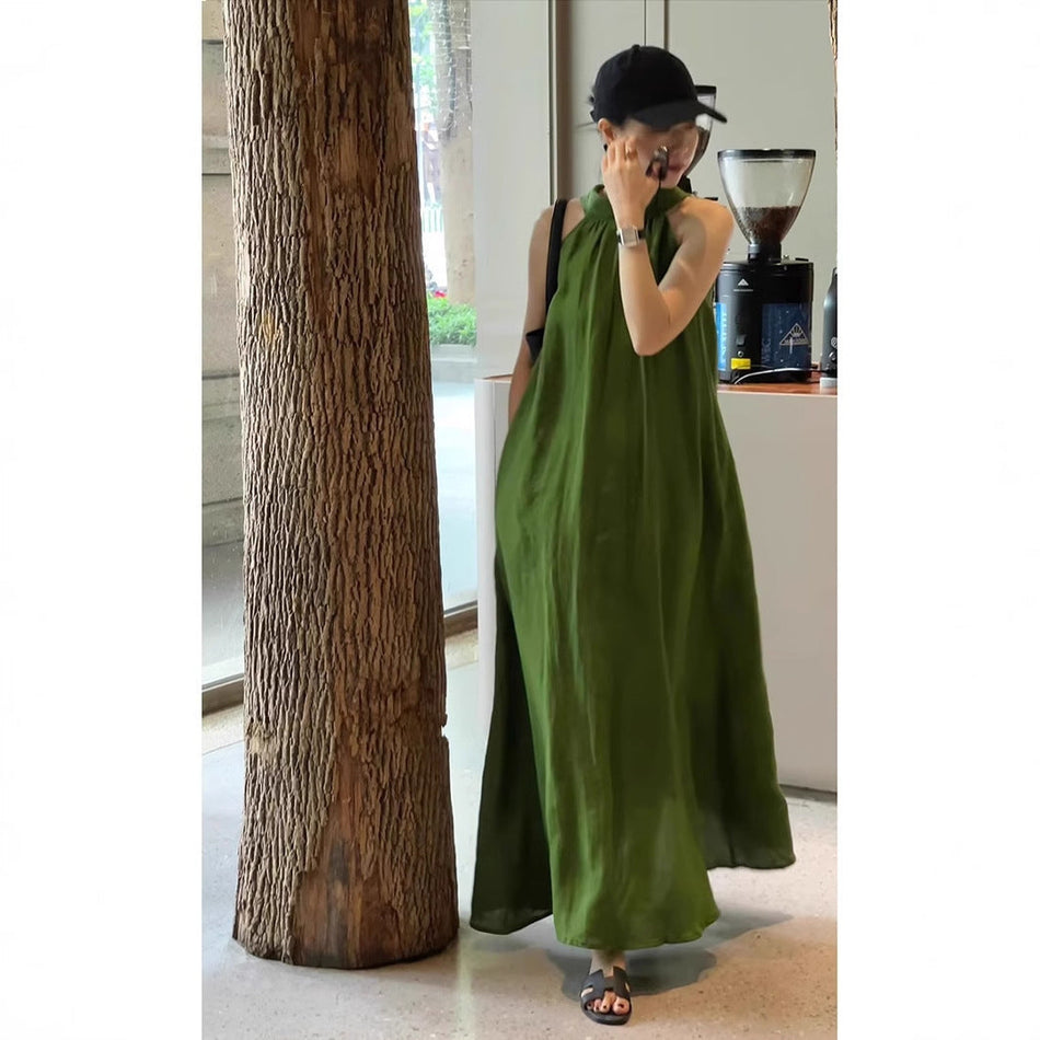 French Style Green Tea Break Long Vacation Dress