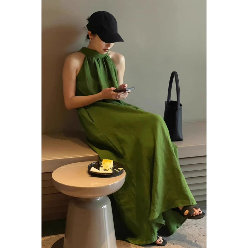 French Style Green Tea Break Long Vacation Dress
