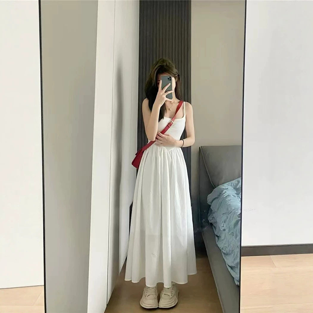 White Suspender Skirt French White Slip Long Dress with Adjustable Straps