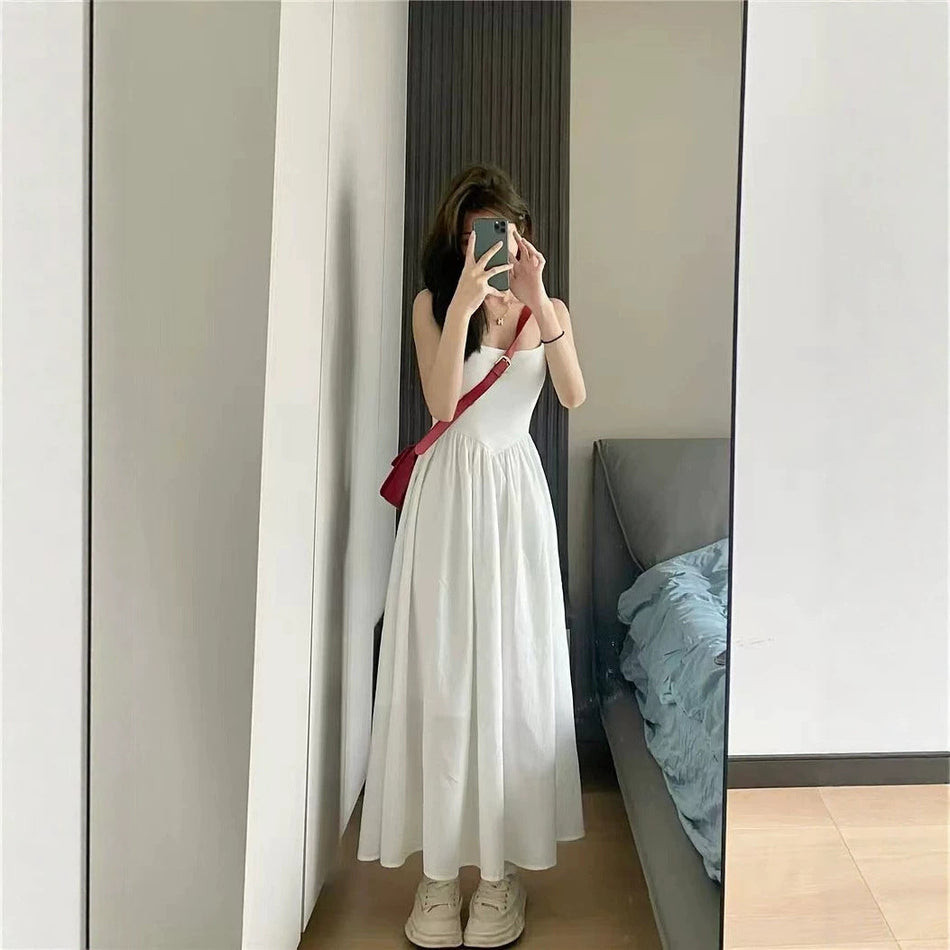 French White Slip Long Dress with Adjustable Straps
