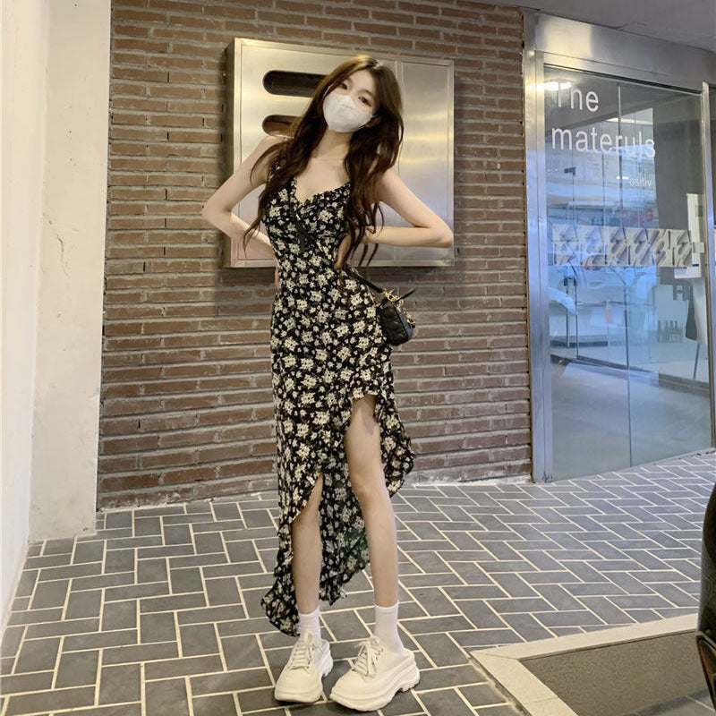 Black Ruffled Mid-Length Retro Irregular Split Floral Sling Midi Dress