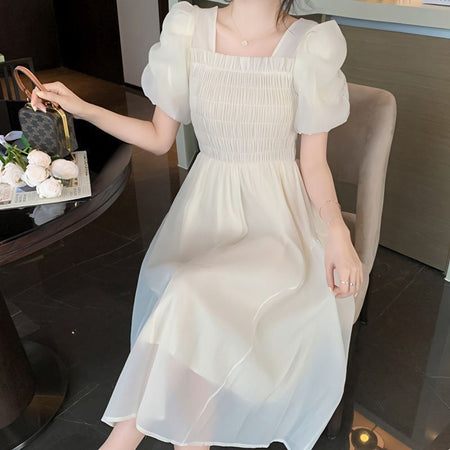 French Retro Square Neck Pleated Long Dress
