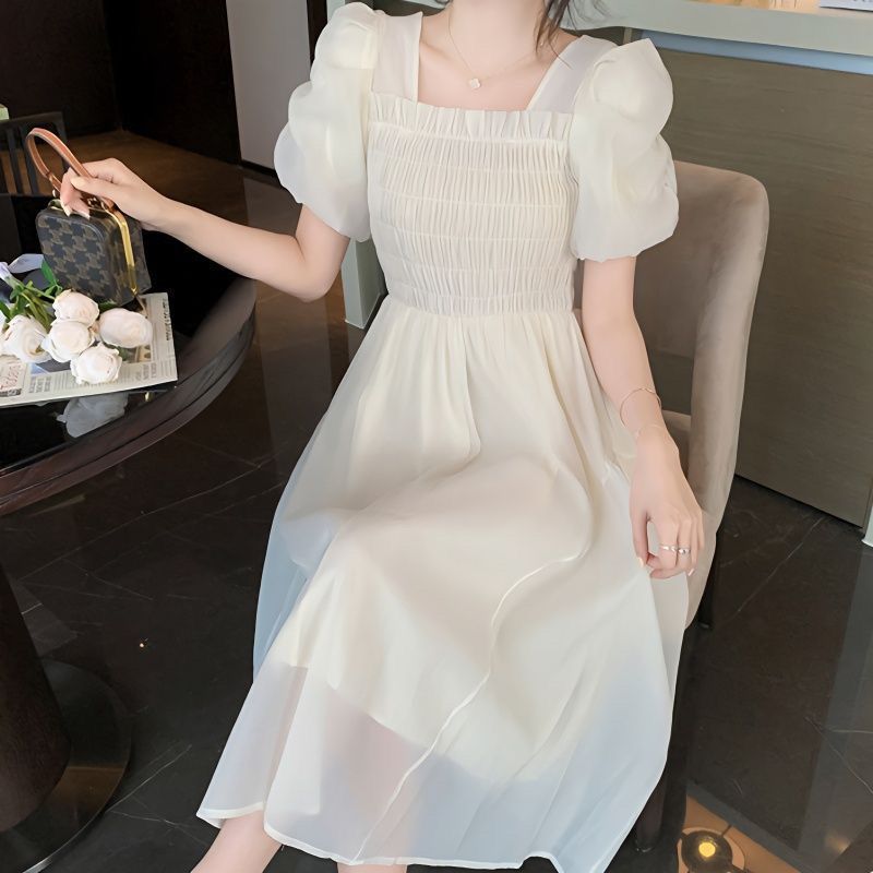 French Retro Square Neck Pleated Long Dress