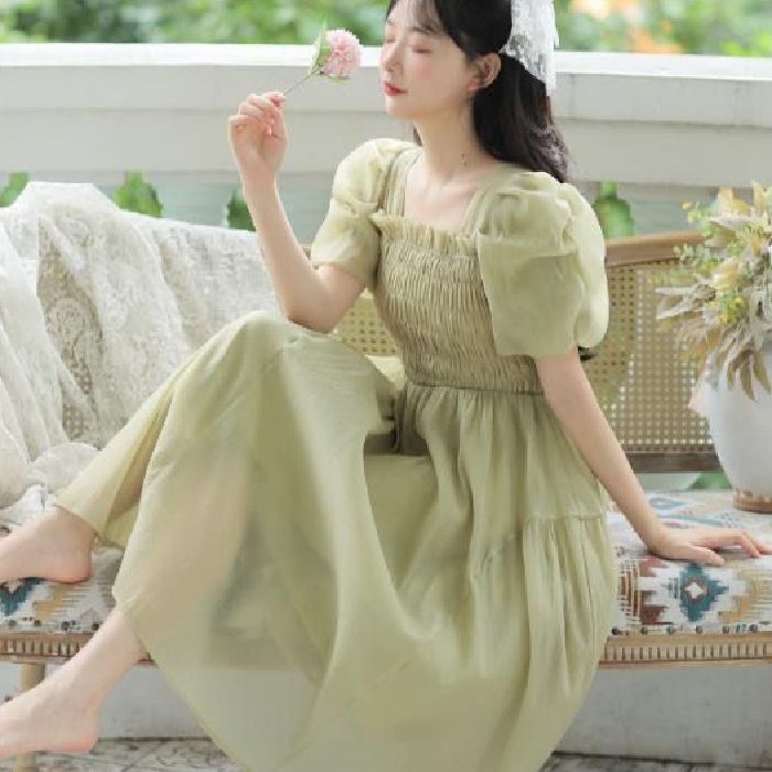 French Retro Square Neck Pleated Long Dress