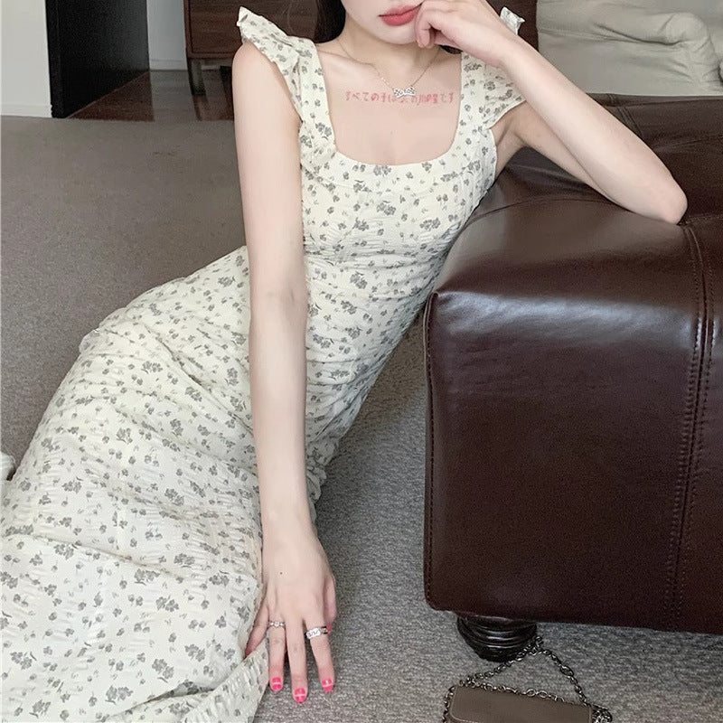 French Retro U-Neck Flying Sleeve Long Dress