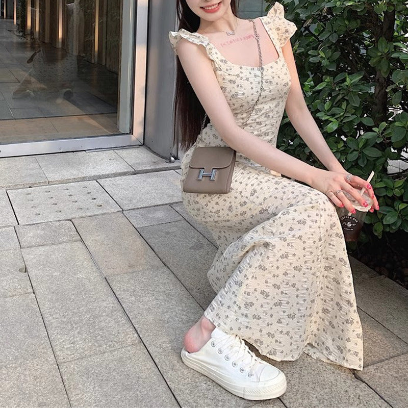 French Retro U-Neck Flying Sleeve Long Dress