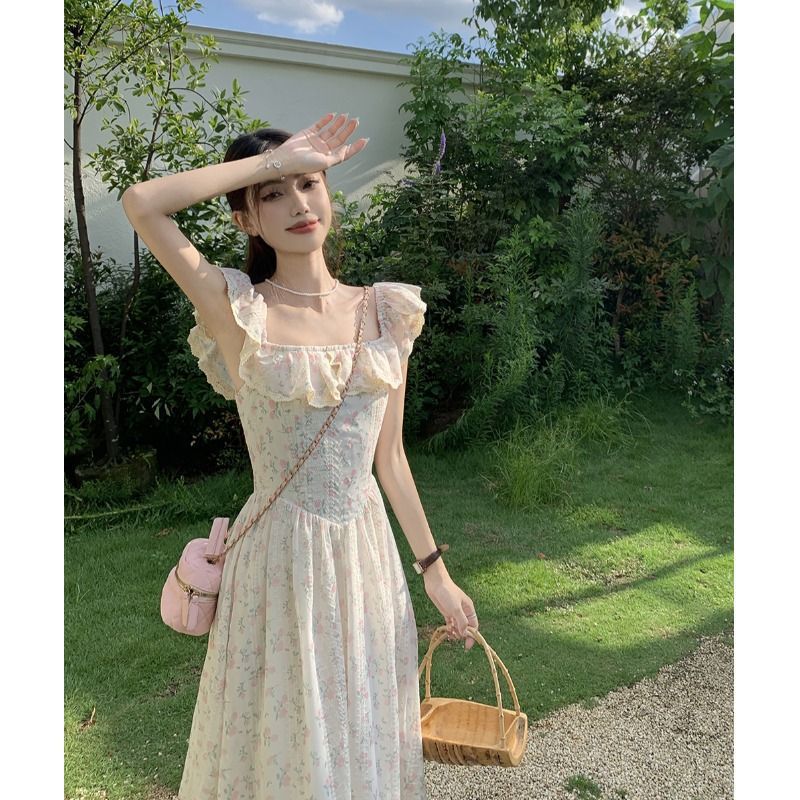 French Heavy Industry Floral Square Neck Ruffled Dress
