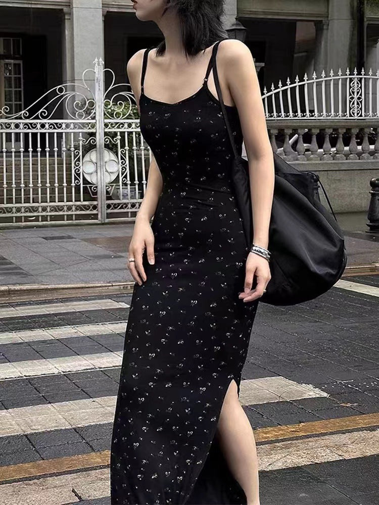 Black Floral Dress French Style Black Knitted Floral Slip Long Dress