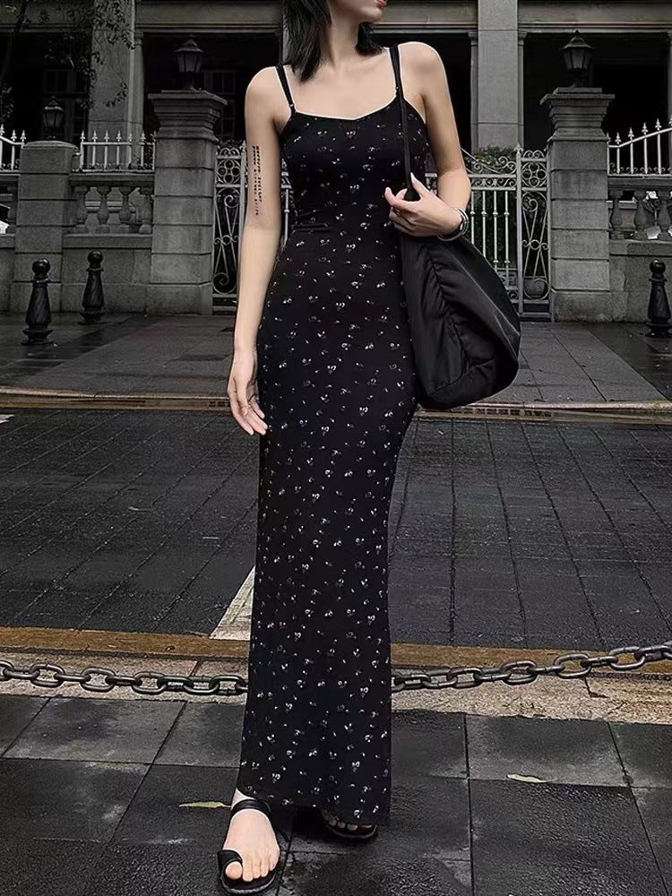 French Style Black Knitted Floral Slip Long Dress