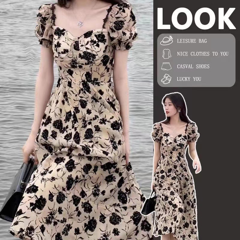 French Hepburn Style Dry Rose Floral Long Dress