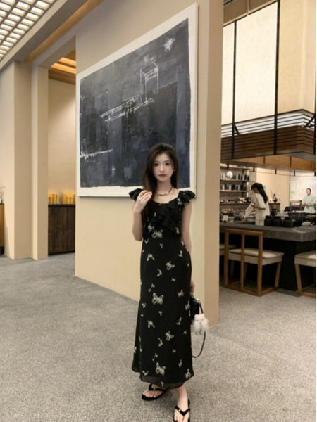 French Style Butterfly Printed Flying Sleeve Tea Break Dress