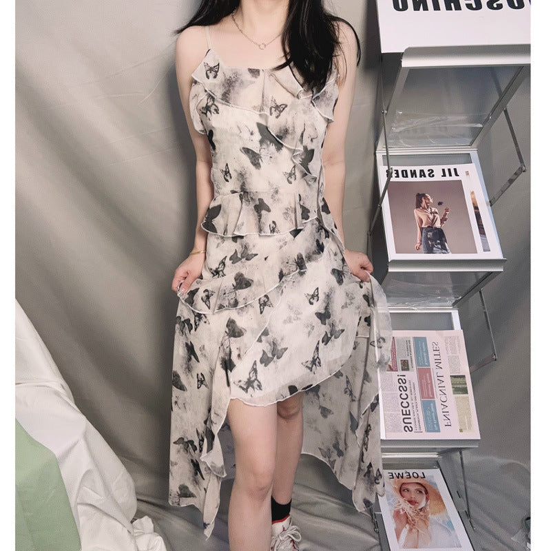 Floral Irregular Ruffle Slip Butterfly Midi Dress