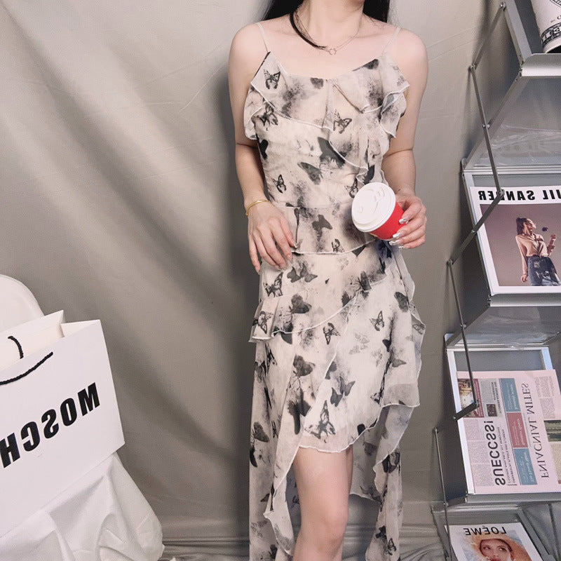Gray Apricot Butterfly Skirt Floral Irregular Ruffle Slip Butterfly Midi Dress