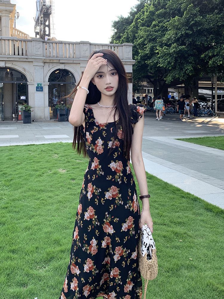 Black Floral Dress French Retro Flying Sleeve Floral A-Line Long Dress