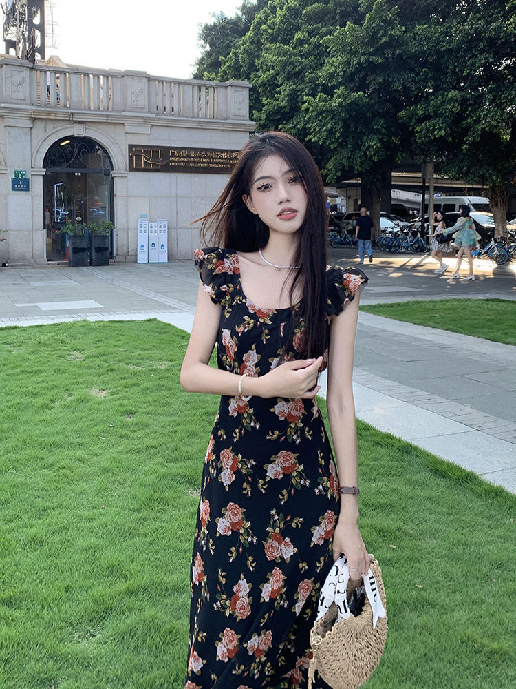 French Retro Flying Sleeve Floral A-Line Long Dress
