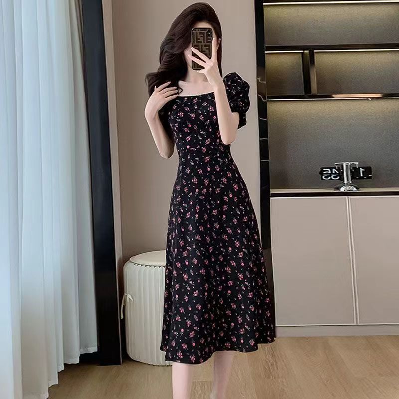 Black Floral Dress For Women French Retro Puff Sleeve Split Floral Long Dress