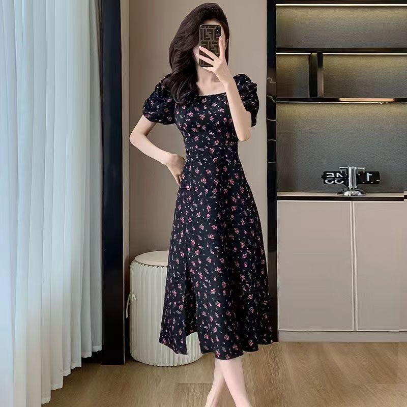 French Retro Puff Sleeve Split Floral Long Dress