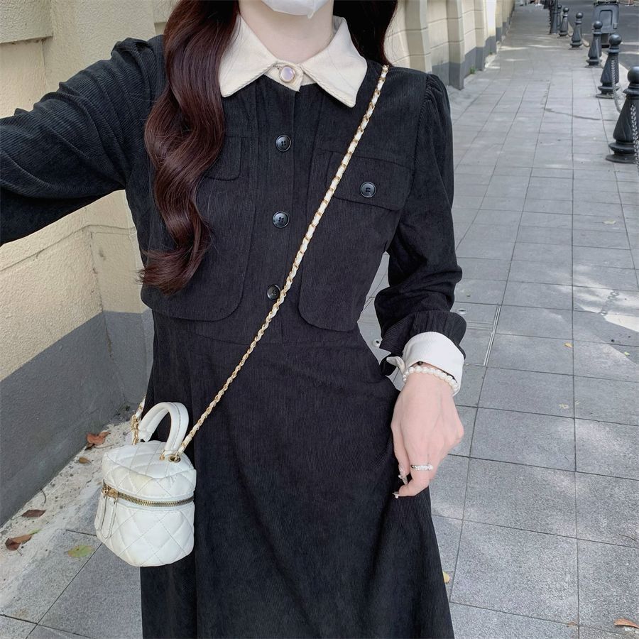 Elegant Polo Collar Faux Two Piece Black Dress