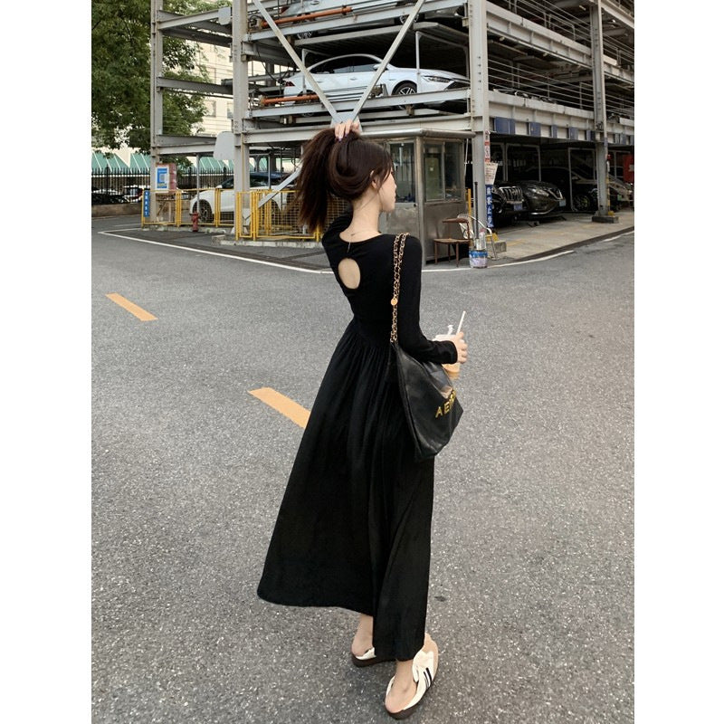 Black Backless Base Dress Elegant Backless Long Sleeve Slimming Black Dress