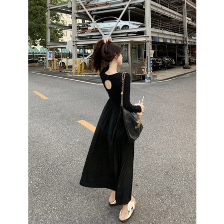 Black Backless Base Dress Elegant Backless Long Sleeve Slimming Black Dress