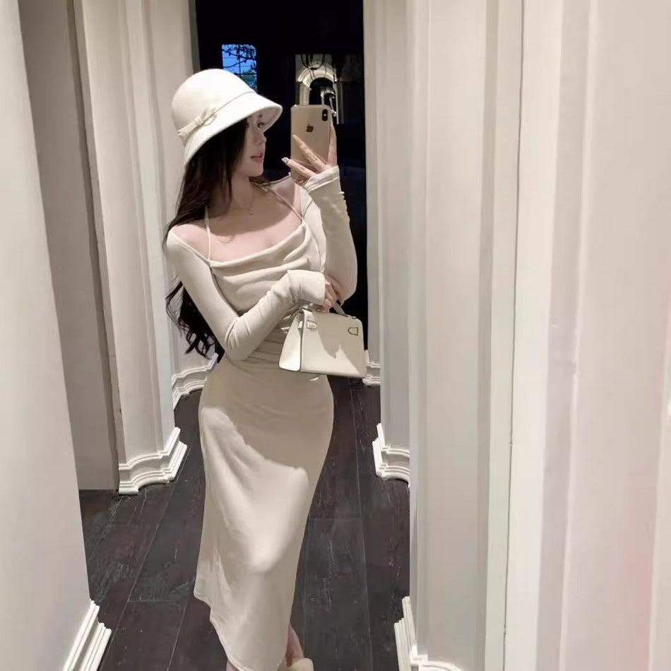 Pink Royal Sister Style Skirt Elegant Square Neck Hip Wrap Knit Long Dress