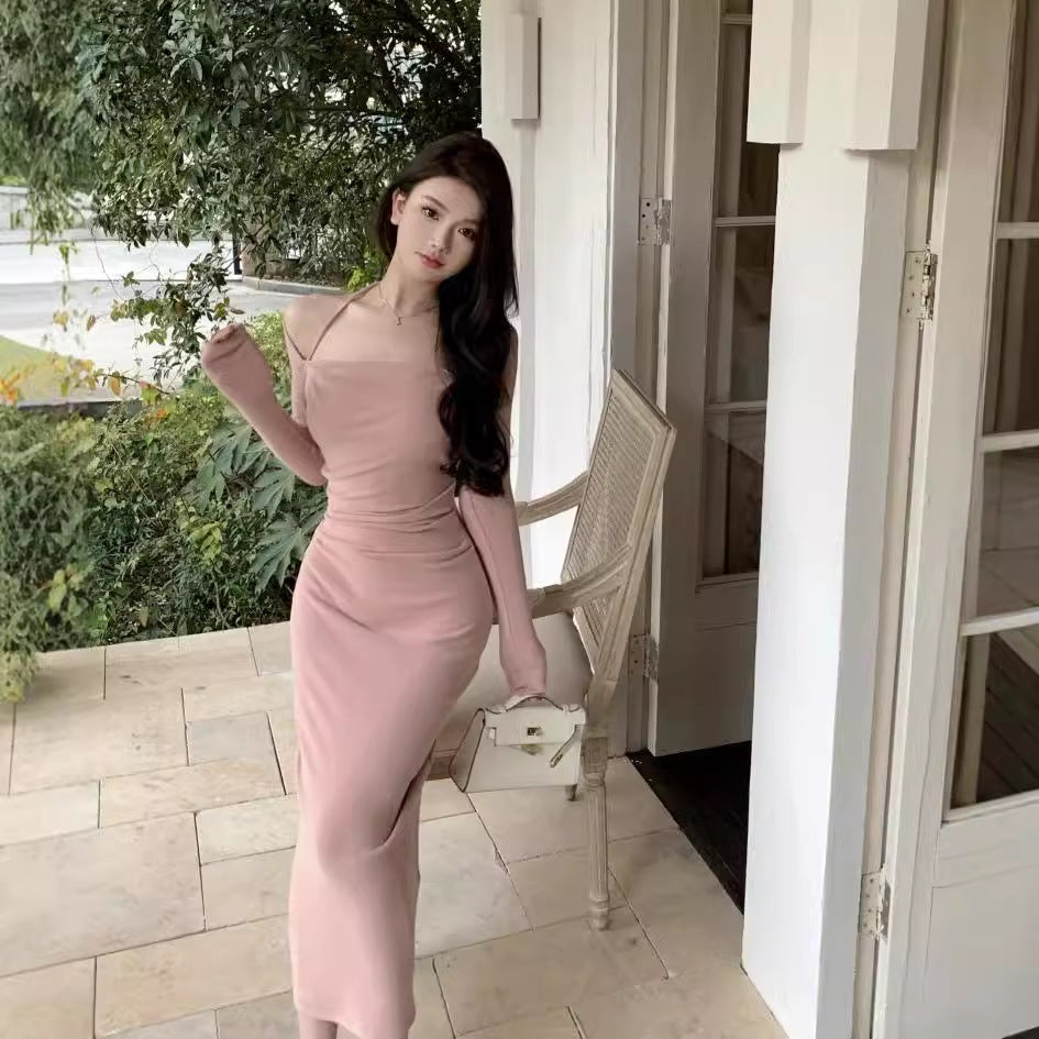 Elegant Square Neck Hip Wrap Knit Long Dress