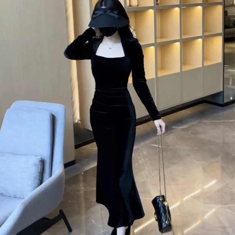 French Velvet Square Neck Fishtail Long Dress