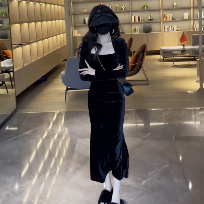 French Velvet Square Neck Fishtail Long Dress