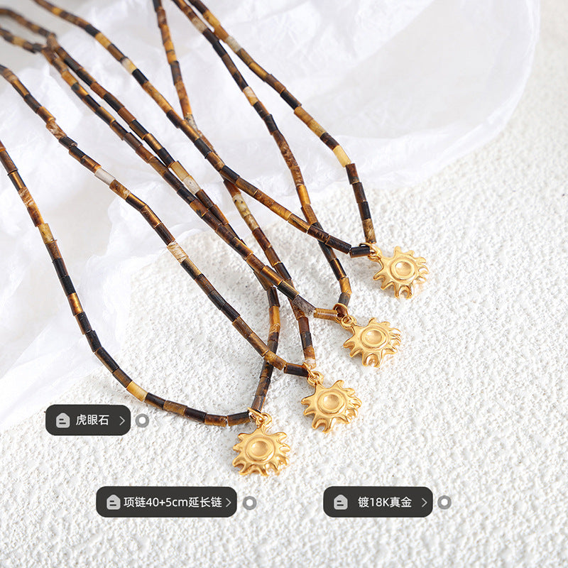 Vintage Tiger Eye Sun Pendant Clavicle Necklace