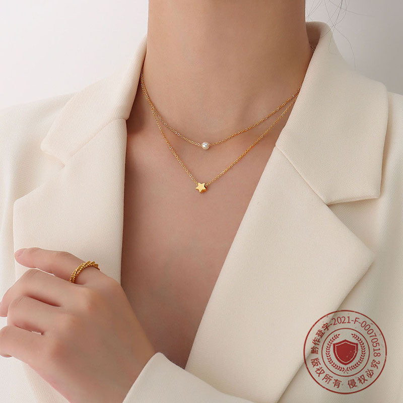 Double Layer Star Pearl Titanium Steel Necklace
