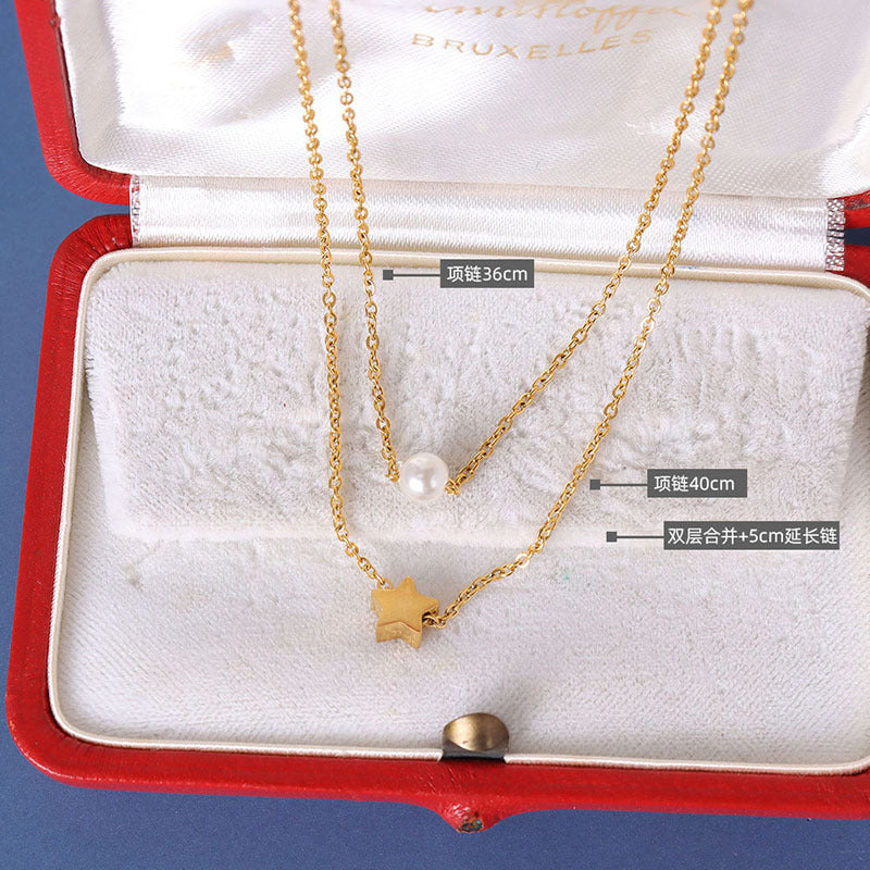 Double Layer Star Pearl Titanium Steel Necklace