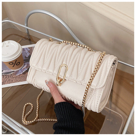 White Pleated PU Crossbody Small Square Chain Handbag