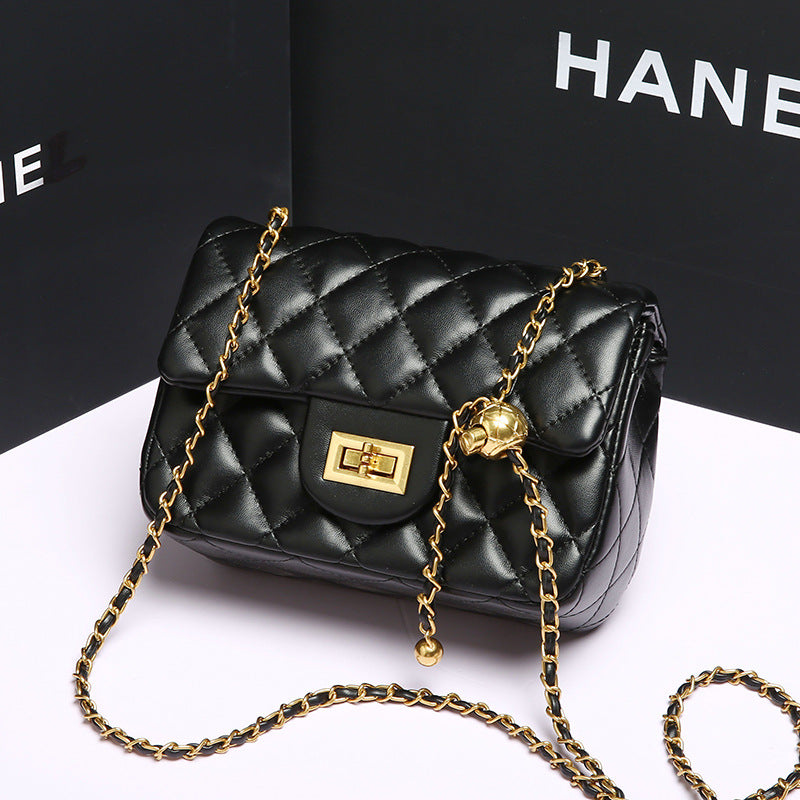 White Quilted Small Square Crossbody Bag with Gold Ball Chain