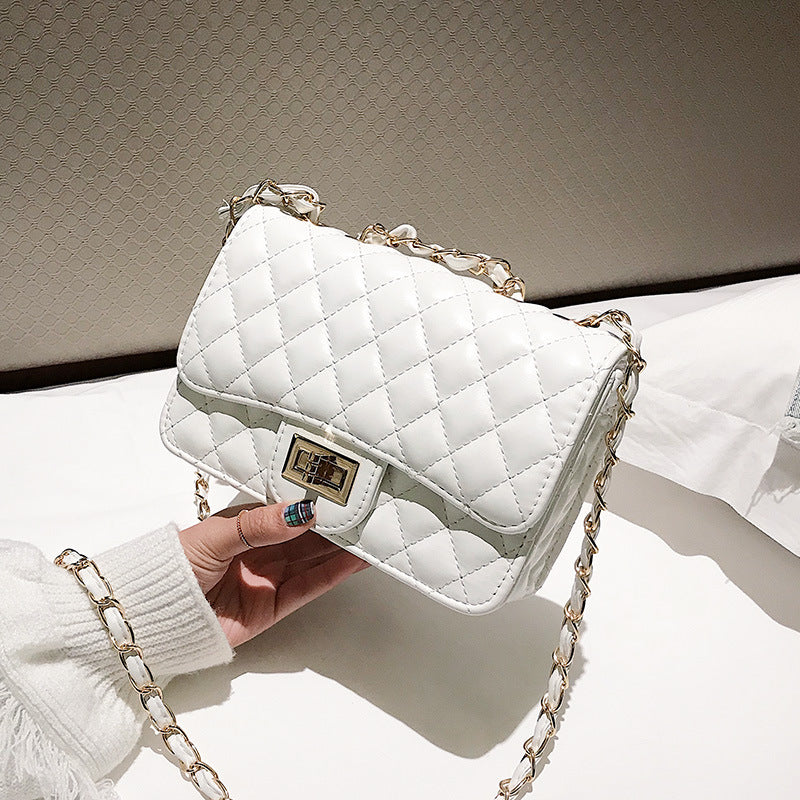 White Quilted Small Square Chain Crossbody Lock Bag