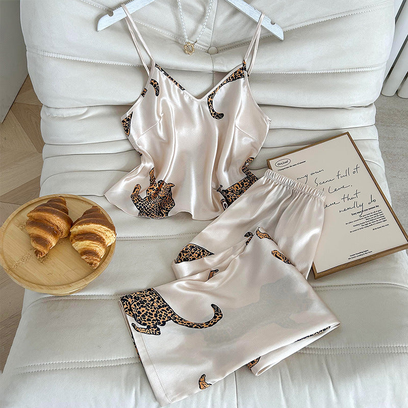 Champagne Leopard Leopard Print Faux Silk Pajama Set Women’s Loungewear