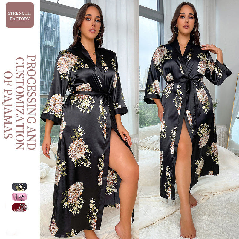 Plus Size Women's Faux Silk Printed Loose Nightgown Pajamas Set