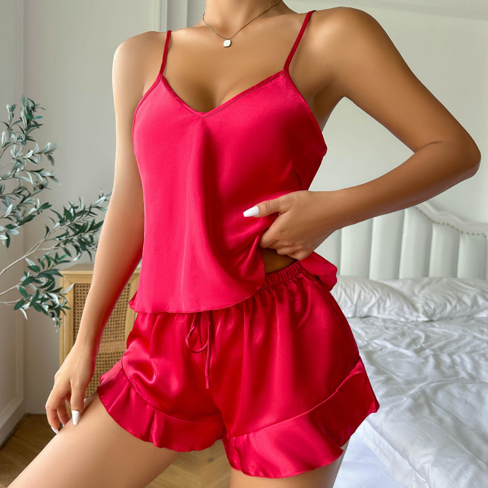 Women's Ice Silk Sling Pajamas Two Piece Shorts Set Loungewear