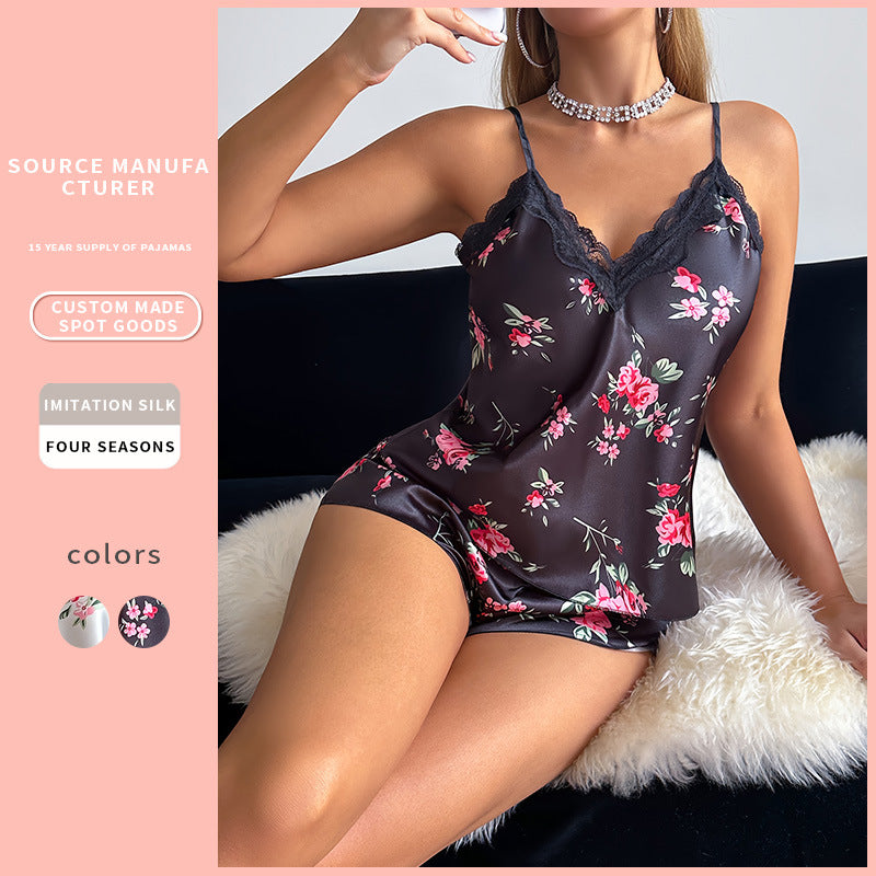 Women's Printed Ice Silk Camisole Shorts Pajama Set Loungewear
